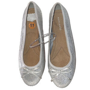 Andiamo Silver Rhinestone Flats with Bow, Size 11